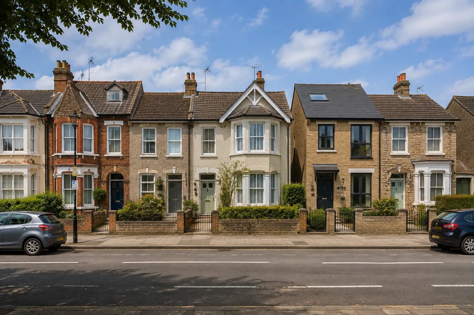 A row of British houses: Victorian terraces, a bay-fronted semi and a modern infill, seen from across the road